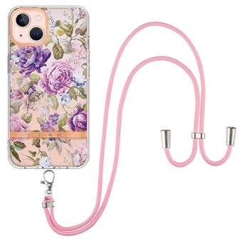 YB IMD Series TPU Phone Case for iPhone 13 6.1 inch, Adjustable Shoulder Strap Electroplated Flower Patterns IML Phone Cover
