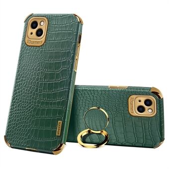 For iPhone 13 6.1 inch 6D Electroplated Stylish Crocodile Texture Leather Coated TPU Shockproof Phone Case with Finger Ring Holder