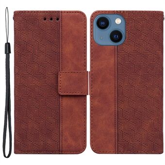 For iPhone 13 6.1 inch PU Leather Wallet Flip Cover Stand Function Geometry Imprinted Folio Protective Case with Strap
