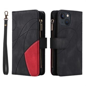 KT Multi-function Series-5 for iPhone 13 6.1 inch Multiple Card Slots Bi-color Splicing Cover Stand Zipper Pocket Leather Anti-drop Cell Phone Case
