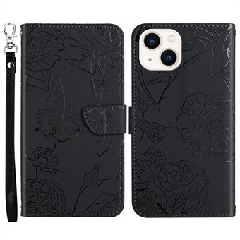Soft Touch PU Leather Shockproof Case for iPhone 13 6.1 inch Anti-drop Wallet Phone Protector Stylish Butterflies Imprinted Anti-fingerprint Stand Cover with Strap