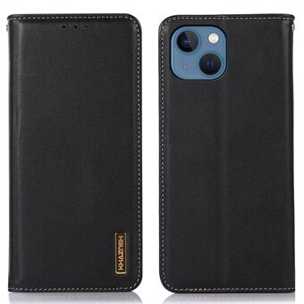 KHAZNEH For iPhone 13 6.1 inch Texture Genuine Cowhide Leather Case Viewing Stand Magnetic Absorption TPU Shell Flip Wallet Phone Cover