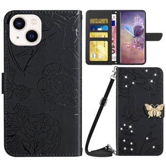For iPhone 13 6.1 inch Phone Flip Wallet Case, Butterfly Flowers Imprinted Rhinestone Decor PU Leather Protective Phone Cover Stand with Shoulder Strap