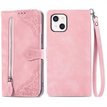 For iPhone 13 6.1 inch Anti-fall Imprinted Flip Leather Phone Case Zipper Pocket Feature Wallet Cover with Stand Card Holder