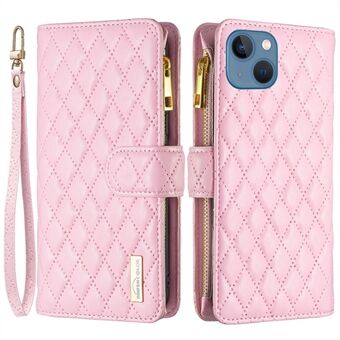 BINFEN COLOR for iPhone 13 6.1 inch BF Style-15 Cellphone Shell, Imprinted Rhombus Pattern Case with Zipper Pocket Stand Matte PU Leather Wallet Cover