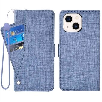 For iPhone 13 6.1 inch Jean Cloth Texture Magnetic Closure Phone Case Wallet Style Rotating Card Slot Design Leather Cover with Stand