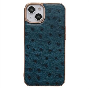 For iPhone 13 6.1 inch Anti-drop Phone Case Ostrich Pattern PC + TPU + Genuine Leather Electroplating Back Cover
