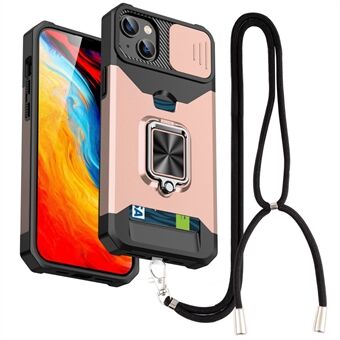 For iPhone 13 6.1 inch Card Holder Phone Shell Hard PC + TPU Kickstand Phone Case with Strap and Slide Camera Cover