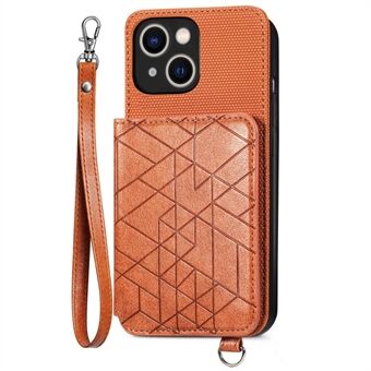 Geometry Imprinted Phone Cover for iPhone 13 6.1 inch, Kickstand Wallet PU Leather Coated TPU Case with Hand Strap