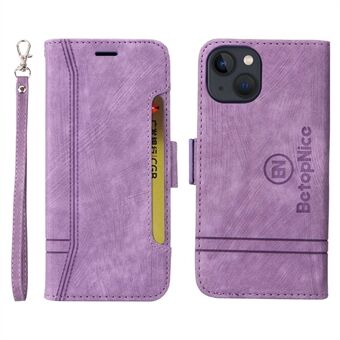 BETOPNICE 001 Stand Wallet Leather Case for iPhone 13 6.1 inch, Imprinted Stitching Line Dual Magnetic Clasp Phone Cover with Strap