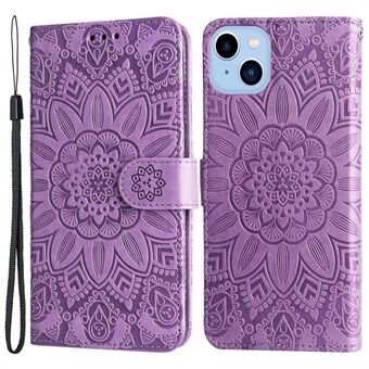 For iPhone 13 6.1 inch Sunflower Imprinted PU Leather Magnetic Flip Cover Stand Feature Wallet Purse Case with Hand Strap