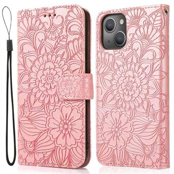 Full Protection Phone Case for iPhone 13 6.1 inch, Imprinted Flower Pattern PU Leather Stand Scratch-resistant Flip Wallet Cover with Strap