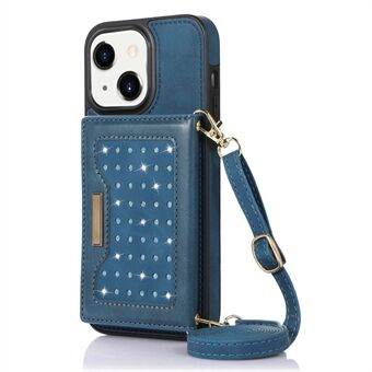 RFID Blocking Phone Case for iPhone 13 6.1 inch, Rhinestone Decor Tri-fold Wallet Kickstand PU Leather Coated TPU Cover with Shoulder Strap