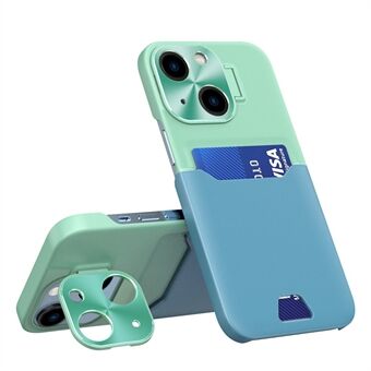 For iPhone 13 6.1 inch Card Slot Design Bump Proof Phone Back Cover PU Leather+PC Case with Metal Lens Frame Kickstand