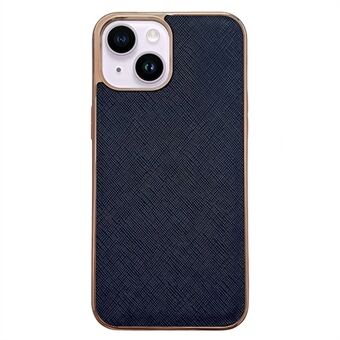 For iPhone 13 6.1 inch Nano Electroplating Protective Back Cover Cross Texture Genuine Leather Coated TPU Anti-scratch Anti-fingerprint Case - Blue