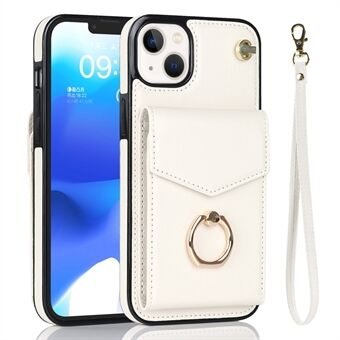 For iPhone 13 6.1 inch RFID Blocking Accordion Style Card Bag Drop-proof Cover PU Leather+TPU Ring Kickstand Cellphone Back Case with Strap