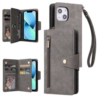 For iPhone 13 6.1 inch Rivet Decor Wallet Phone Case PU Leather Zipper Pocket Multiple Card Slots Stand Flip Folio Cover with Strap