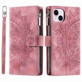 For iPhone 13 6.1 inch Imprinted Mandala Flower Cover Multiple Card Slots PU Leather Phone Case Stand Zipper Pocket Wallet with Strap