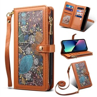 ESEBLE For iPhone 13 6.1 inch Galaxy Series TPU+PU Leather Phone Case RFID Blocking Stand Zipper Pocket Wallet Multi-functional Cell Phone Cover