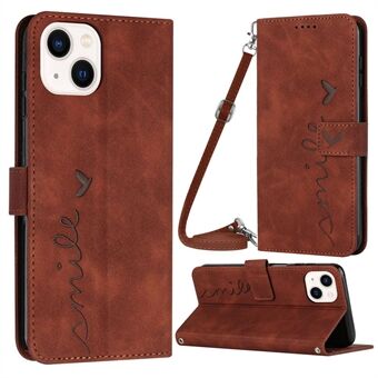 Stand Case for iPhone 13 / 14 6.1 inch, Anti-drop Heart Shape Imprinted Wallet Skin-touch Feeling PU Leather Phone Cover with Shoulder Strap