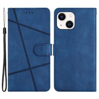 For iPhone 13 6.1 inch Phone Cover Imprinted Line Decor Wallet Crazy Horse Texture Stand Leather Phone Case with Strap