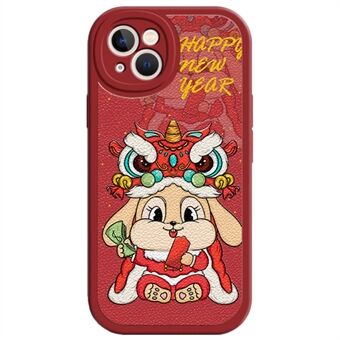 For iPhone 13 6.1 inch New Year Cartoon Rabbit PU Leather Coated TPU Phone Cover Back Case
