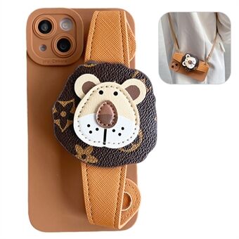 For iPhone 13 6.1 inch Soft TPU Phone Back Case Retro Lion Head PU Leather Wristband Phone Cover with Shoulder Strap