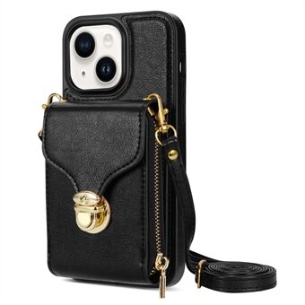 For iPhone 13 6.1 inch PU Leather Coated TPU Card Slot Case Kickstand Zipper Phone Cover with Long Lanyard