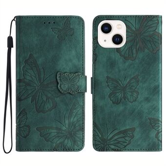 Stand Shell for iPhone 13 6.1 inch PU Leather Wallet Case Butterfly Imprinted Skin-touch Phone Cover
