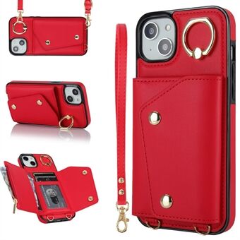 Ring Kickstand Zipper Wallet Phone Case for iPhone 13 PU Leather Coated TPU Crossbody Phone Cover