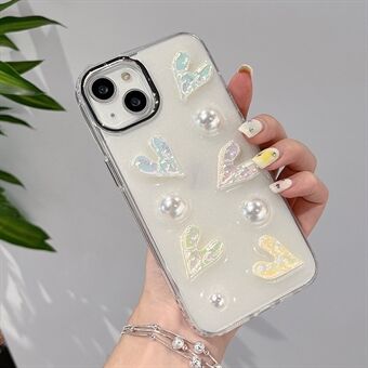 For iPhone 13 Anti-Scratch Phone Case Electroplating Laser Hearts Acrylic+TPU Phone Cover with Pearl Decor