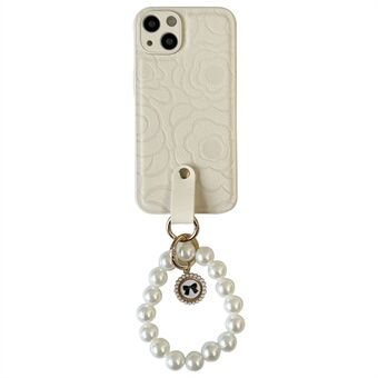 For iPhone 13 Dustproof Phone Shell Camellia Pattern Phone Case TPU+PU Leather Cover with Pearl Chain
