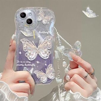 For iPhone 14 Wavy Edge Butterfly Pattern Case Soft TPU Gradient Glitter Phone Cover with Chain