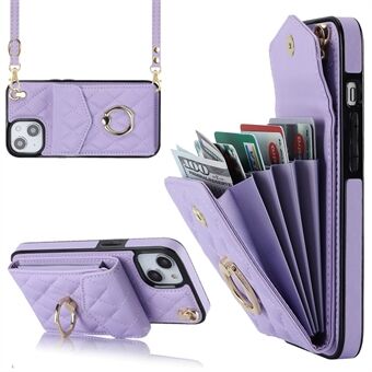 For iPhone 13 6.1 inch Multiple Card Slots RFID Blocking Phone Case Ring Kickstand PU Leather+TPU Back Cover