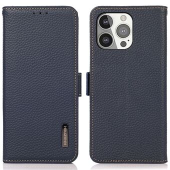 KHAZNEH Litchi Texture Genuine Leather Wallet Phone Case Protector with Anti-theft Swiping Design for iPhone 13 Pro 6.1 inch