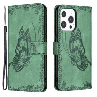 Imprint Butterfly Flower PU Leather Wallet Folio Flip Stand Protective Case with Magnetic Wrist Strap for iPhone 13 Pro 6.1 inch