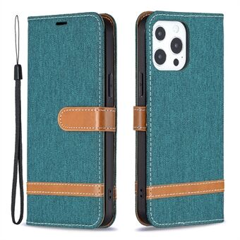 Color Splicing Jeans Cloth Coated PU Leather Phone Case Cover with Wallet Stand for iPhone 13 Pro
