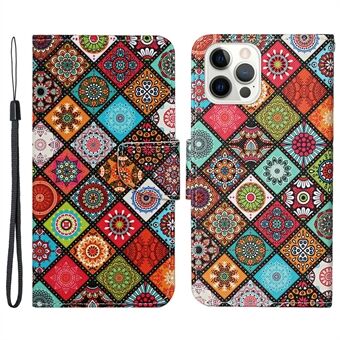 Pattern Printing Leather Phone Wallet Cover Stand Case with Strap for iPhone 13 Pro 6.1 inch