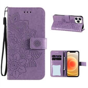 HAT PRINCE PU Leather Imprinting Flower Leather Phone Cover Wallet Case for iPhone 13 Pro 6.1 inch
