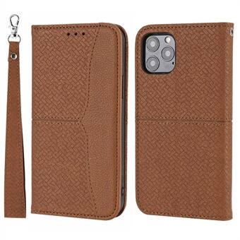 Woven Texture Splicing Auto-Absorbed Wallet Stand Design Full Protection Leather Case with Handy Strap for iPhone 13 Pro 6.1 inch