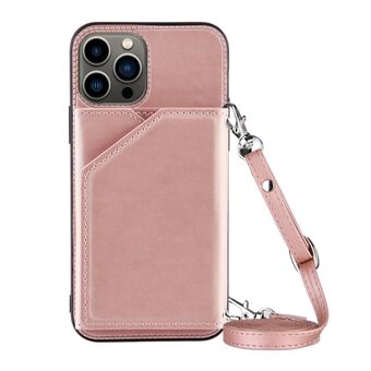 Skin-Touch Feel PU Leather Coated TPU Phone Back Case Card Holder Kickstand Design Cover with Shoulder Strap for iPhone 13 Pro 6.1 inch