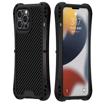 R-JUST AMIRA Carbon Fiber Texture Aluminium Alloy + Silicone + Tempered Glass Anti-fall Hybrid Case Phone Shell for iPhone 13 Pro 6.1 inch