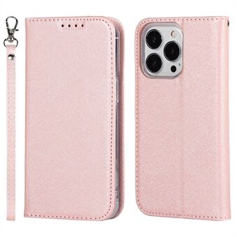 For iPhone 13 Pro 6.1 inch Anti-scratch Phone Case Full Protection Silk Texture Leather Wallet Cover with Strap