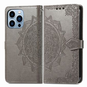 PU Leather Stand Wallet Phone Case Protective Cover with Mandala Flower Embossment for iPhone 13 Pro 6.1 inch