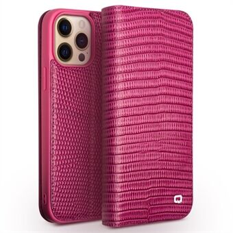 QIALINO Scratch Resistant Anti-shock Crocodile Texture Wallet Stand Phone Case Top-layer Genuine Leather Phone Cover for iPhone 13 Pro 6.1 inch - Rose