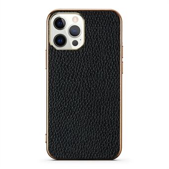 Electroplating Litchi Texture Genuine Leather Coated TPU Case Drop-proof Back Shell for iPhone 13 Pro 6.1 inch
