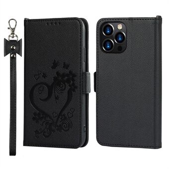 Double Clasp Closure Heart Imprint Leather Phone Case Wallet Stand Shell with Wrist Strap for iPhone 13 Pro 6.1 inch