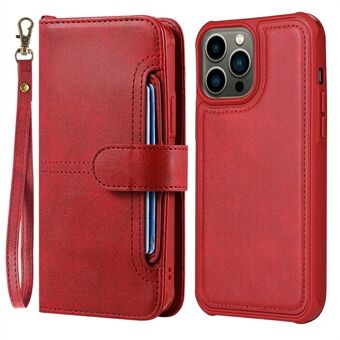 Detachable 2-in-1 Anti-Drop Button Closure Wrist Strap Multiple Card Slots Design Wallet Stand PU Leather Phone Case for iPhone 13 Pro 6.1 inch