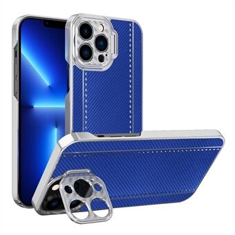 Electroplating Frame Carbon Fiber Texture PU Leather Coated PC Case with Kickstand for iPhone 13 Pro 6.1 inch
