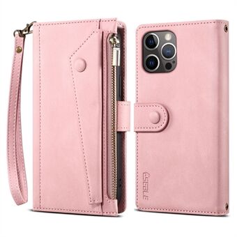 ESEBLE For iPhone 13 Pro 6.1 inch Multifunction Zipper Pocket Wallet Stand Cover Shockproof Phone Case with Wrist Strap